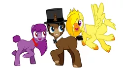 Size: 826x456 | Tagged: safe, artist:kaytlinthefox, derpibooru import, ponified, earth pony, pegasus, pony, unicorn, pony creator, bib, bonnie, bowtie, chica, crossover, female, five nights at freddy's, flying, freddy fazbear, hair over one eye, hat, image, jpeg, male, mare, raised hoof, simple background, smiling, spread wings, stallion, top hat, white background, wings