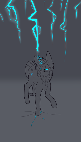 Size: 1600x2800 | Tagged: safe, artist:chapaevv, derpibooru import, oc, oc:neon blur, unicorn, cutie mark, female, image, lightning, magic, monochrome, neon, png, sketch, solo