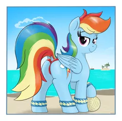 Size: 2479x2455 | Tagged: suggestive, artist:eels, derpibooru import, rainbow dash, pegasus, pony, ball, beach, bedroom eyes, butt, clothes, dock, image, looking at you, looking back, looking back at you, plot, png, rainbutt dash, sweatband, swimsuit, tail