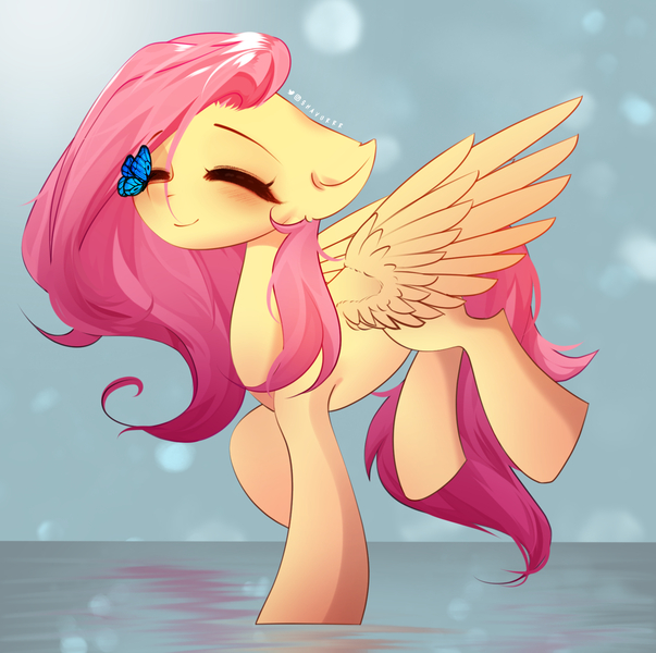 Size: 1643x1635 | Tagged: safe, artist:shavurrr, derpibooru import, fluttershy, butterfly, insect, pegasus, pony, blushing, butterfly on nose, cute, eyes closed, image, insect on nose, jpeg, shyabetes, smiling, solo, spread wings, wings