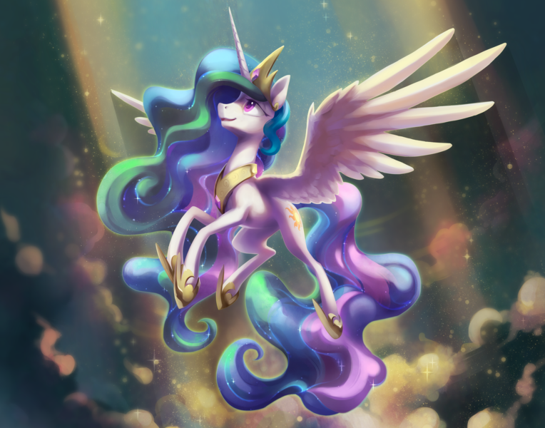 Size: 6379x5010 | Tagged: safe, artist:dawnfire, artist:nadnerbd, derpibooru import, princess celestia, alicorn, pony, absurd resolution, beautiful, cloud, collaboration, crepuscular rays, crown, cute, cutelestia, female, flying, image, jewelry, looking up, majestic, mare, png, praise the sun, raised hoof, regalia, sky, solo, spread wings, sunlight, wings