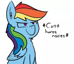 Size: 883x760 | Tagged: suggestive, artist:visiti, color edit, edit, rainbow dash, pegasus, pony, colored, cropped, cunt, cute, descriptive noise, ear fluff, horse noises, image, png, satisfied, simple background, smiling, solo, text edit, white background
