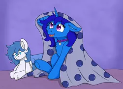 Size: 4040x2928 | Tagged: safe, artist:rokosmith26, derpibooru import, oc, oc:delly, oc:graceful motion, unofficial characters only, pony, unicorn, blanket, blueberry, cheek fluff, chest fluff, collar, commission, female, floppy ears, food, horn, image, looking up, mare, pink eyes, plushie, png, pony plushie, sitting, smiling, solo, unicorn horn, unicorn oc, ych result