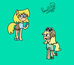 Size: 2041x1785 | Tagged: safe, artist:mysterycorner, derpibooru import, ponified, earth pony, pony, clothes, crossover, dress, ear piercing, earring, eyeshadow, female, glasses, green background, image, jewelry, leni loud, lori loud, makeup, mare, panties, phone, piercing, png, shoes, signature, simple background, smiling, sunglasses, the loud house, underwear