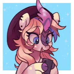 Size: 1600x1600 | Tagged: safe, artist:horseyuris, derpibooru import, oc, unofficial characters only, kirin, bust, ear piercing, earring, female, hat, hoof hold, image, jewelry, jpeg, kirin oc, mobile phone, open mouth, open smile, phone, piercing, smartphone, smiling, solo