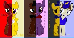 Size: 1024x525 | Tagged: safe, artist:kkrazykkitty, derpibooru import, ponified, earth pony, pegasus, pony, 1000 hours in ms paint, base used, bib, bonnie, bowtie, chica, crossover, deviantart muro, eyepatch, female, five nights at freddy's, foxy, freddy fazbear, golden freddy, hat, image, jpeg, male, mare, raised hoof, sad, security guard, stallion, stars, top hat, unamused, what my cutie mark is telling me, wings
