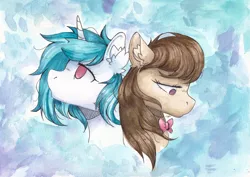 Size: 7015x4960 | Tagged: safe, artist:lightisanasshole, derpibooru import, octavia melody, vinyl scratch, earth pony, pony, unicorn, abstract background, bust, cheek fluff, ear fluff, image, looking down, looking up, messy mane, png, reference, sad, traditional art, watercolor painting