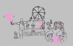 Size: 774x488 | Tagged: safe, artist:kabayo, artist:parfait, derpibooru import, oc, oc:anon, oc:kayla, earth pony, human, pony, unicorn, aggie.io, carnival, cotton candy, eating, eyes closed, female, ferris wheel, filly, foal, food, gray background, happy, human male, human oc, image, male, monochrome, open mouth, png, simple background, sitting, smiling