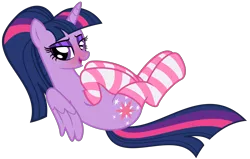 Size: 6551x4168 | Tagged: suggestive, alternate version, artist:severity-gray, derpibooru import, twilight sparkle, twilight sparkle (alicorn), alicorn, pony, alternate hairstyle, blushing, clothes, eyeshadow, female, folded wings, image, looking at you, lying down, makeup, mare, on back, pink socks, png, ponytail, simple background, socks, solo, striped socks, transparent background, wings
