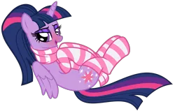 Size: 6551x4168 | Tagged: suggestive, alternate version, artist:severity-gray, derpibooru import, twilight sparkle, twilight sparkle (alicorn), alicorn, pony, alternate hairstyle, clothes, eyeshadow, folded wings, image, looking at you, lying down, makeup, on back, pink socks, png, ponytail, scarf, simple background, socks, solo, striped socks, transparent background, wings
