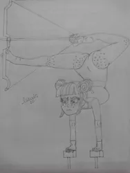 Size: 3120x4160 | Tagged: safe, artist:lewis20, derpibooru import, sour sweet, equestria girls, archery, arrow, ass, barefoot, bow, bow (weapon), butt, butt freckles, feet, female, flexible, freckles, gymnastics, handstand, image, jpeg, solo, sour seat, traditional art, upside down