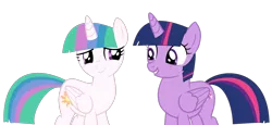 Size: 2184x1002 | Tagged: safe, artist:katnekobase, artist:twilyisbestpone, derpibooru import, princess celestia, twilight sparkle, twilight sparkle (alicorn), alicorn, pony, alternate hairstyle, base used, celestia day, cute, cutelestia, duo, duo female, eye contact, female, image, implied transformation, looking at each other, looking at someone, mane swap, mare, png, simple background, smiling, transparent background, twiabetes