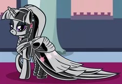 Size: 7300x5009 | Tagged: suggestive, alternate version, artist:severity-gray, derpibooru import, twilight sparkle, twilight sparkle (alicorn), alicorn, pony, absurd resolution, alternate hairstyle, bedroom eyes, boots, canterlot castle, choker, clothes, coronation dress, cutie mark, cutie mark accessory, cutie mark earrings, cutie mark on clothes, dress, ear piercing, earring, eyeliner, eyeshadow, face mask, female, folded wings, gloves, high heels, image, jewelry, latex, latex boots, latex dress, latex gloves, latex mane, latex mask, latex suit, lipstick, looking at you, makeup, mare, mask, piercing, platform heels, png, ponytail, shoes, skirt, solo, wings