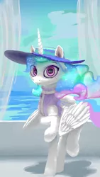 Size: 1080x1920 | Tagged: artist needed, source needed, safe, derpibooru import, princess celestia, alicorn, pony, female, hat, image, looking at you, mare, ocean, png, smiling, solo, sun hat, water