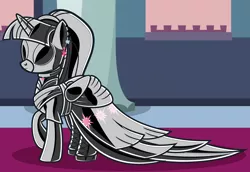 Size: 7300x5009 | Tagged: suggestive, alternate version, artist:severity-gray, derpibooru import, twilight sparkle, twilight sparkle (alicorn), alicorn, pony, absurd resolution, alternate hairstyle, bedroom eyes, blindfold, boots, canterlot castle, choker, clothes, coronation dress, cutie mark, cutie mark accessory, cutie mark earrings, cutie mark on clothes, dress, ear piercing, earring, eyeliner, eyeshadow, face mask, female, folded wings, gloves, high heels, image, jewelry, latex, latex boots, latex dress, latex gloves, latex mane, latex mask, latex suit, lipstick, looking at you, makeup, mare, mask, piercing, platform heels, png, ponytail, shoes, skirt, solo, wings