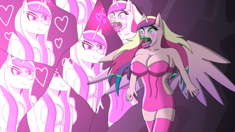 Size: 3256x1832 | Tagged: semi-grimdark, suggestive, artist:anthrodegenerate, derpibooru import, princess cadance, queen chrysalis, alicorn, anthro, changeling, changeling queen, abuse, big breasts, breasts, busty princess cadance, busty queen chrysalis, changeling feeding, changeling overfeeding, chrysabuse, cleavage, clothes, dress, duo, duo female, evil grin, fake cadance, fangs, female, force feeding, godiva hair, grin, high res, image, love, love overload, png, reflection, scared, smiling, strategically covered, this will end in death