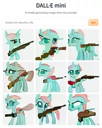 Size: 601x756 | Tagged: safe, dall·e mini, derpibooru import, machine learning generated, ocellus, changedling, changeling, artificial intelligence, gun, image, png, rifle, weapon