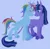 Size: 1920x1878 | Tagged: safe, artist:universal-heart, rainbow dash, twilight sparkle, pegasus, pony, unicorn, accessories, alternate design, blue background, blue eyes, cloven hooves, colored hooves, couple, ear piercing, eyes closed, female, folded wings, image, jpeg, leonine tail, lesbian, mare, missing cutie mark, piercing, shipping, simple background, smiling, standing, twidash, unicorn twilight, unshorn fetlocks, wings