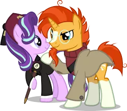 Size: 1508x1323 | Tagged: safe, artist:steampunksalutation, derpibooru import, starlight glimmer, sunburst, pony, unicorn, beard, clothes, cosplay, costume, crossover, duo, facial hair, female, fez, glasses, goatee, gravity falls, hat, image, male, mare, png, shipping, simple background, stallion, stanford pines, stanley pines, starburst, straight, suit, sweater, transparent background