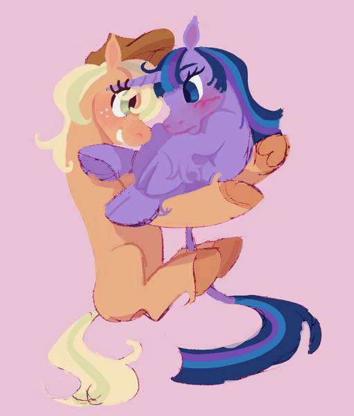 Size: 1280x1503 | Tagged: safe, artist:universal-heart, applejack, twilight sparkle, earth pony, pony, unicorn, alternate design, blushing, cloven hooves, female, freckles, hat, holding a pony, image, leonine tail, lesbian, looking at each other, mare, missing cutie mark, pink background, png, shipping, simple background, sitting, smiling, twijack, unicorn twilight, unshorn fetlocks