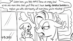 Size: 1200x675 | Tagged: safe, artist:pony-berserker, derpibooru import, angel bunny, fluttershy, pony, rabbit, animal, bed hair, image, jpeg, out of character, picture, pony-berserker's twitter sketches, pony-berserker's twitter sketches (2022), threat, threatening, tired, window