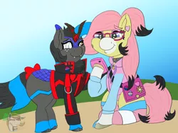 Size: 1600x1200 | Tagged: safe, artist:gray star, derpibooru import, oc, oc:pepper, oc:sunny side(gray star), unofficial characters only, earth pony, kirin, pony, bisexual pride flag, choker, clothes, commission, female, happy, image, kirin oc, png, pride, pride flag, trans female, transgender, transgender oc, transgender pride flag, ych example, your character here