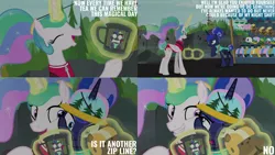 Size: 1280x720 | Tagged: safe, derpibooru import, edit, edited screencap, editor:quoterific, screencap, princess celestia, princess luna, alicorn, pony, between dark and dawn, season 9, spoiler:s09, duo, eyes closed, female, grin, helmet, hug, image, magic, mare, mug, open mouth, open smile, png, ponytail, smiling, telekinesis, text