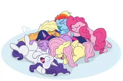 Size: 3679x2429 | Tagged: safe, artist:doodledonutart, derpibooru import, applejack, fluttershy, pinkie pie, rainbow dash, rarity, twilight sparkle, cuddling, image, mane six, png, pony pile, simple background, sleeping, white background