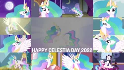 Size: 1280x720 | Tagged: safe, derpibooru import, edit, edited screencap, editor:quoterific, screencap, aloe, princess celestia, alicorn, earth pony, pony, a bird in the hoof, a canterlot wedding, between dark and dawn, celestial advice, horse play, keep calm and flutter on, lesson zero, magical mystery cure, make new friends but keep discord, no second prances, princess twilight sparkle (episode), season 1, season 2, season 3, season 4, season 5, season 6, season 7, season 8, season 9, swarm of the century, the return of harmony, spoiler:s08, spoiler:s09, ^^, celestia day, crown, cute, cutelestia, duo, eyes closed, female, flying, image, jewelry, jpeg, mare, moon, night, punklestia, regalia, smiling, smirk, spread wings, text, wings