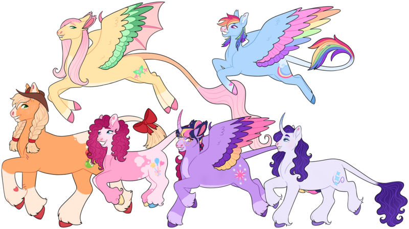 Size: 1280x718 | Tagged: safe, artist:s0ftserve, applejack, fluttershy, pinkie pie, rainbow dash, rarity, twilight sparkle, alicorn, earth pony, pegasus, pony, unicorn, alternate cutie mark, alternate design, applejack's hat, bald face, blaze (coat marking), bow, braid, braided pigtails, coat markings, colored hooves, colored wings, cowboy hat, curved horn, ear fluff, fangs, flying, glasses, gradient hooves, hat, heart mark, horn, hybrid wings, image, leonine tail, mane six, multicolored wings, png, raised hoof, simple background, size difference, smiling, socks (coat marking), transparent background, twitterina design, unshorn fetlocks, wings