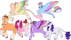 Size: 1280x718 | Tagged: safe, artist:s0ftserve, applejack, fluttershy, pinkie pie, rainbow dash, rarity, twilight sparkle, alicorn, earth pony, pegasus, pony, unicorn, alternate cutie mark, alternate design, applejack's hat, bald face, blaze (coat marking), bow, braid, braided pigtails, coat markings, colored hooves, colored wings, cowboy hat, curved horn, ear fluff, fangs, flying, glasses, gradient hooves, hat, heart mark, horn, hybrid wings, image, leonine tail, mane six, multicolored wings, png, raised hoof, simple background, size difference, smiling, socks (coat marking), transparent background, twitterina design, unshorn fetlocks, wings