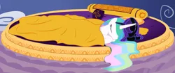 Size: 1169x490 | Tagged: safe, artist:nimaru, artist:taionafan369, derpibooru import, princess celestia, oc, oc:nyx, alicorn, pony, alicorn oc, bed, bedroom, blanket, canterlot castle, duo, duo female, female, horn, image, mare, pillow, png, recolor, sleeping, wings