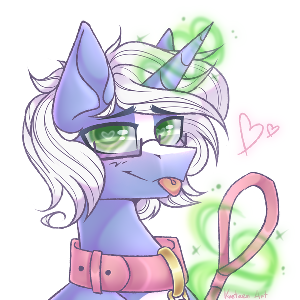 Size: 2900x2900 | Tagged: safe, artist:kreteen art, derpibooru import, oc, oc:passi deeper, unofficial characters only, pony, unicorn, blushing, bust, coat markings, collar, colored pupils, eyebrows, eyebrows visible through hair, femboy, glasses, glow, glowing horn, green eyes, heart, heart eyes, horn, image, levitation, looking at you, magic, magic aura, male, pet play, png, portrait, simple background, smiling, solo, stallion, telekinesis, tongue out, unicorn oc, watermark, white background, wingding eyes
