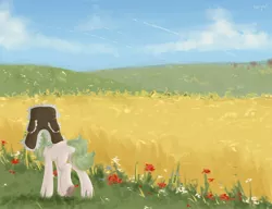Size: 2560x1969 | Tagged: safe, artist:tttips!, derpibooru import, oc, unofficial characters only, earth pony, pony, cloud, contrail, female, field, flower, food, grass, green hair, hat, image, jpeg, mare, outdoors, plane, rear view, scenery, sky, ushanka, wheat