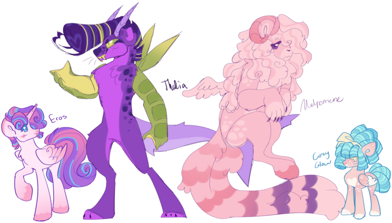 Size: 1280x730 | Tagged: safe, artist:grubgruel, artist:lovedletters, cozy glow, princess flurry heart, oc, alicorn, draconequus, hybrid, pegasus, pony, alternate design, female, image, magical lesbian spawn, male, next generation, offspring, parent:cosmos, parent:discord, parent:princess cadance, parent:princess ember, parent:queen chrysalis, png, simple background, transparent background, twitterina design, wings