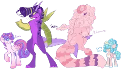 Size: 1280x730 | Tagged: safe, artist:grubgruel, artist:lovedletters, cozy glow, princess flurry heart, oc, alicorn, draconequus, hybrid, pegasus, pony, alternate design, female, image, magical lesbian spawn, male, next generation, offspring, parent:cosmos, parent:discord, parent:princess cadance, parent:princess ember, parent:queen chrysalis, png, simple background, transparent background, twitterina design, wings