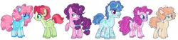 Size: 1280x289 | Tagged: safe, artist:grubgruel, artist:lovedletters, party favor, pinkie pie, sugar belle, surprise, earth pony, pegasus, pony, unicorn, alternate design, base used, blaze (coat marking), coat markings, colored hooves, curly hair, dappled, female, freckles, hairband, image, jpeg, line-up, male, mare, race swap, redesign, simple background, smiling, snip (coat marking), socks (coat marking), stallion, twitterina design, unshorn fetlocks, white background