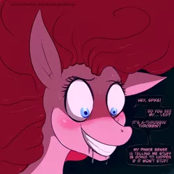 Size: 900x900 | Tagged: suggestive, derpibooru import, pinkie pie, spike, pony, image, imminent rape, imminent sex, offscreen character, png, rapeface, solo