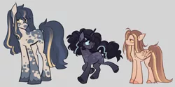 Size: 3629x1796 | Tagged: safe, artist:grubgruel, artist:lovedletters, oc, unofficial characters only, earth pony, pegasus, pony, unicorn, coat markings, colored hooves, female, glasses, gradient background, image, mare, mottled coat, next generation, parent:cheese sandwich, parent:twilight sparkle, parents:twicheese, png, simple background
