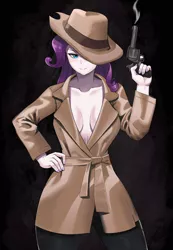 Size: 800x1159 | Tagged: suggestive, artist:tzc, derpibooru import, rarity, equestria girls, absolute cleavage, black background, breasts, cleavage, detective rarity, gun, hand on hip, hat, image, jpeg, looking at you, simple background, weapon