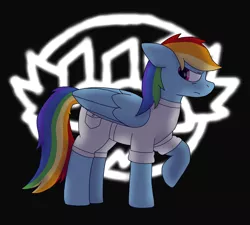 Size: 5000x4500 | Tagged: safe, artist:suidian, derpibooru import, rainbow dash, pegasus, pony, fanfic:rainbow factory, clothes, dark, fanfic art, image, lab coat, logo, png, silhouette