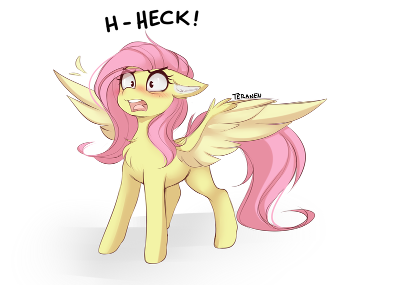 Size: 2116x1509 | Tagged: safe, artist:teranen, derpibooru import, fluttershy, pegasus, pony, angry, blushing, chest fluff, cute, daaaaaaaaaaaw, dialogue, ear fluff, female, floppy ears, heck, image, mare, open mouth, peeved, png, potty mouth, pseudoswear, reaction image, shyabetes, simple background, sketch, solo, spread wings, standing, swearing, swearyshy, three quarter view, two toned wings, vulgar, white background, wing fluff, wings