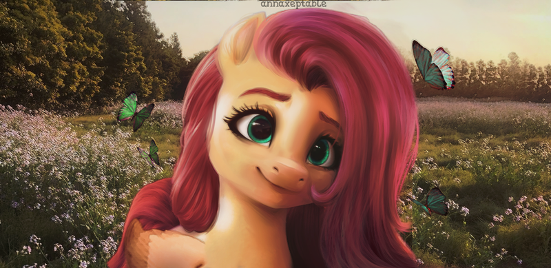 Size: 1166x567 | Tagged: safe, artist:annaxeptable, edit, fluttershy, butterfly, insect, pegasus, pony, g4 to g5, g5, image, png, scenery, smiling, solo