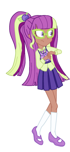 Size: 506x1095 | Tagged: safe, artist:vernorexia, derpibooru import, part of a set, sci-twi, twilight sparkle, equestria girls, crossover, female, g4, glasses, green hair, image, nerd, nervous, part of a series, plum pudding, png, purple hair, simple background, solo, strawberry shortcake, transparent background