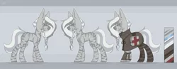 Size: 2560x995 | Tagged: safe, artist:tttips!, derpibooru import, oc, oc:peach, unofficial characters only, zebra, ashes town, blue eyes, cape, clothes, female, image, jpeg, mare, medical kit, palette, patch, reference sheet, simple background, socks, solo, stockings, thigh highs, zebra oc