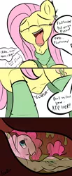 Size: 3508x8480 | Tagged: semi-grimdark, artist:teropone, derpibooru import, fluttershy, pinkie pie, earth pony, pegasus, pony, clothes, comic, digestion, female, flutterpred, giant pony, giantess, hard vore, image, imminent death, macro, macro/micro, mare pred, maw, mawshot, micro, open mouth, pinkie prey, png, rugae, scarf, slimy, socks, squishy, stomach, stomach acid, stomach noise, tongue out, unwilling prey, unwilling vore, uvula, vore