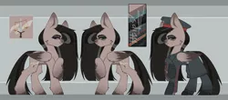 Size: 2560x1127 | Tagged: safe, artist:tttips!, derpibooru import, oc, oc:vesta, unofficial characters only, pegasus, pony, armor, belt, black hair, blue eyes, cap, clothes, cutie mark, female, hat, hooves, image, jpeg, mare, palette, pegasus oc, red star, reference sheet, simple background, solo, stalliongrad, sword, uniform, weapon, wings
