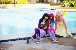 Size: 800x534 | Tagged: safe, artist:juju-gurl, artist:melfinacosplay, artist:twinklebatcosplay, derpibooru import, fluttershy, pinkie pie, twilight sparkle, human, book, clothes, cosplay, costume, image, irl, irl human, jpeg, photo, sukoshicon, swimming pool, trio