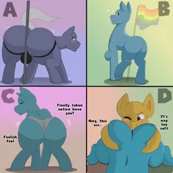 Size: 2000x2000 | Tagged: suggestive, derpibooru import, earth pony, pegasus, pony, unicorn, ass, bottomless, butt, clothes, commission, gay pride flag, image, implied gay, jockstrap, male, malesub, panties, partial nudity, png, pride, pride flag, solo, stripper pole, submissive, underwear, ych example, your character here