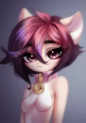 Size: 1488x2110 | Tagged: oc name needed, suggestive, artist:tomness, derpibooru import, oc, unofficial characters only, anthro, earth pony, bell, bell collar, breasts, bust, collar, eyebrows, eyebrows visible through hair, eyelashes, eyeshadow, featureless breasts, female, image, jpeg, looking at you, makeup, nudity, reasonably sized breasts, solo, solo female